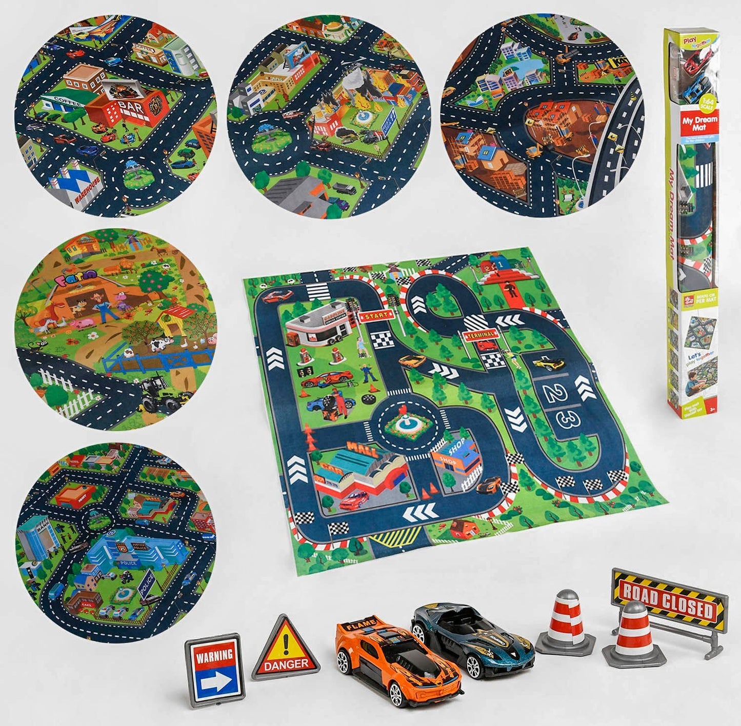 SunQ Toys SQ80672 Play Set with 80 x 70 cm Mat, 2 Cars & Road Signs