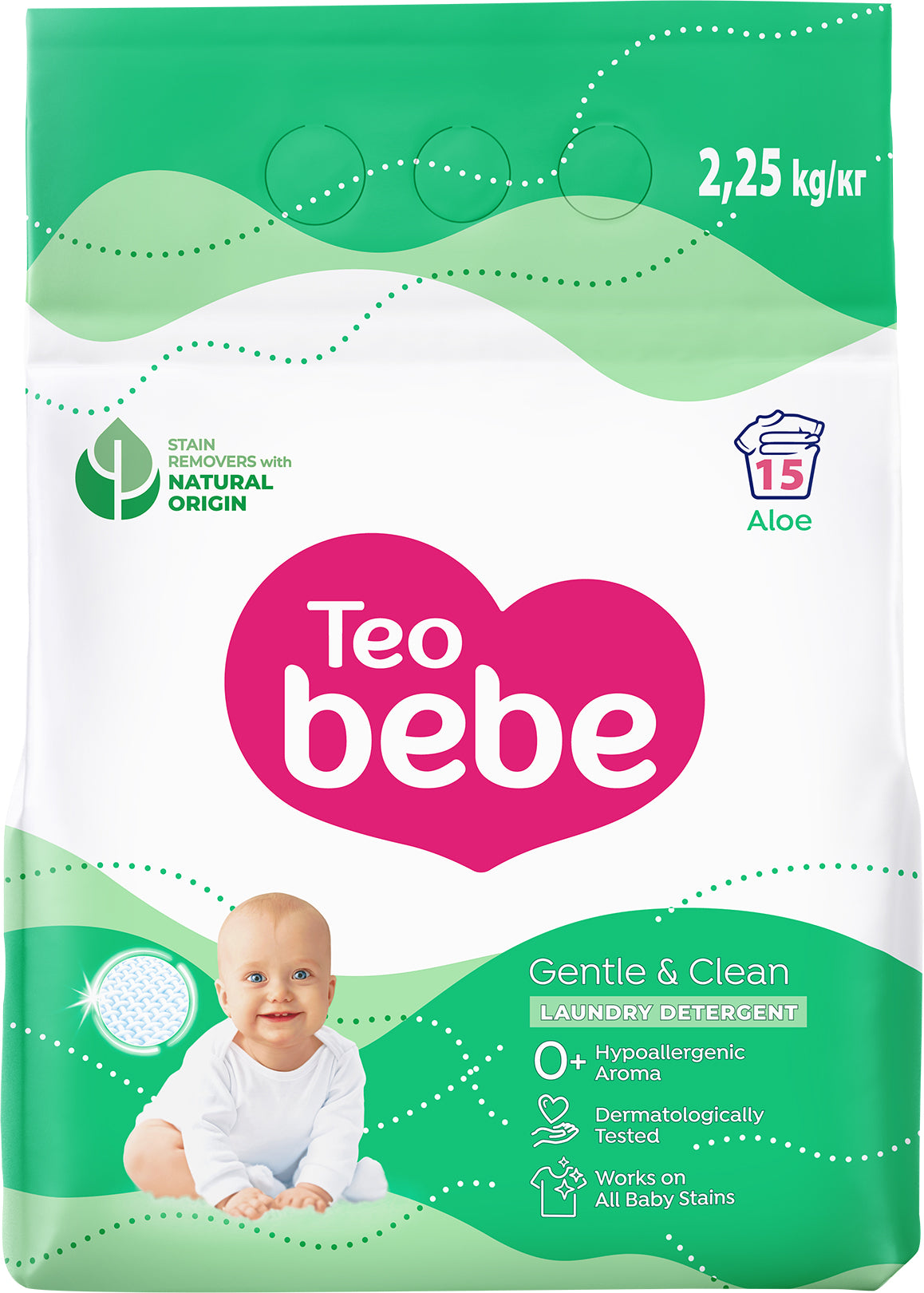 Teo Bebe Gentle & Clean Aloe Laundry Detergent Powder, 15 Loads, 2.25 kg