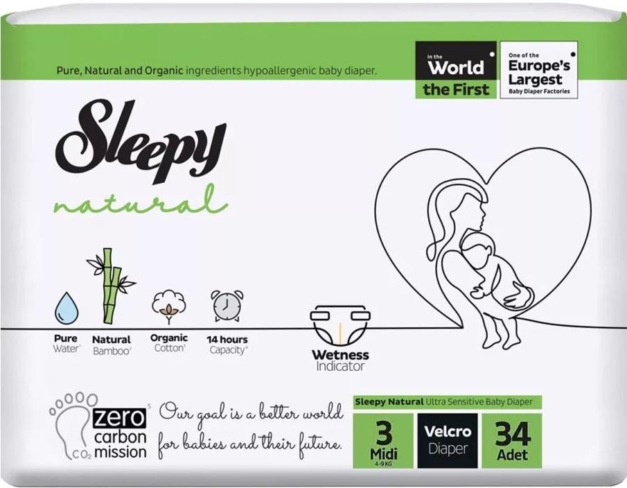 Sleepy Natural Size 3 Baby Diapers, 4-9 kg, 34 pcs