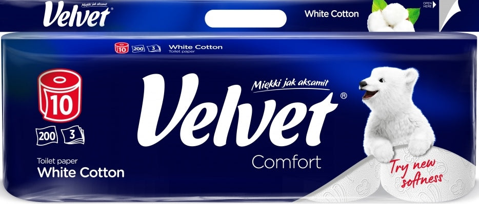 Velvet Cotton White 3-Ply Toilet Paper, 10 Rolls