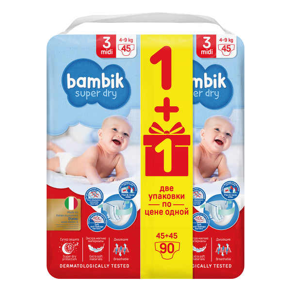 Bambik Mega Midi 3 Baby Diapers, 90 pcs