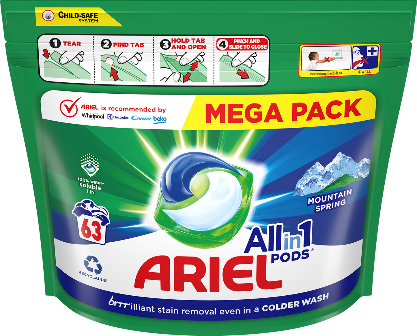 Ariel Mountain Spring Laundry Detergent Pods, 63 pcs (Price per 1 pc)
