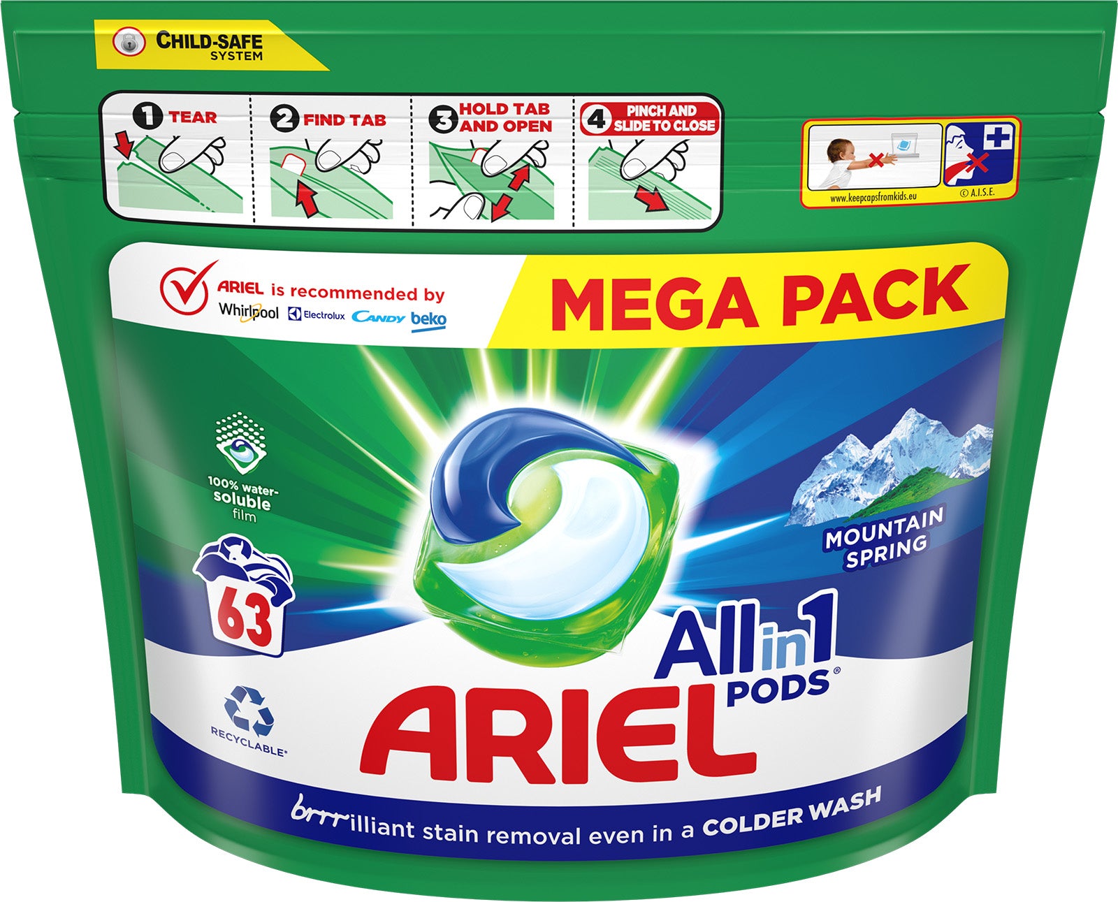 Ariel Mountain Spring Laundry Detergent Pods, 63 pcs (Price per 1 pc)