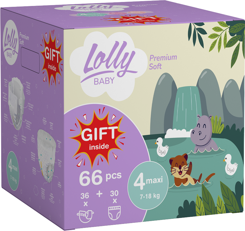 Lolly Premium Soft Size 4 Baby Diaper Set: 36 Diapers, 30 Pull-Up Diaper Pants & Gift, 7-18 kg