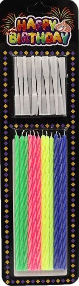 Happy Birthday Slim Colored Candles, 10.5 cm, 12 pcs