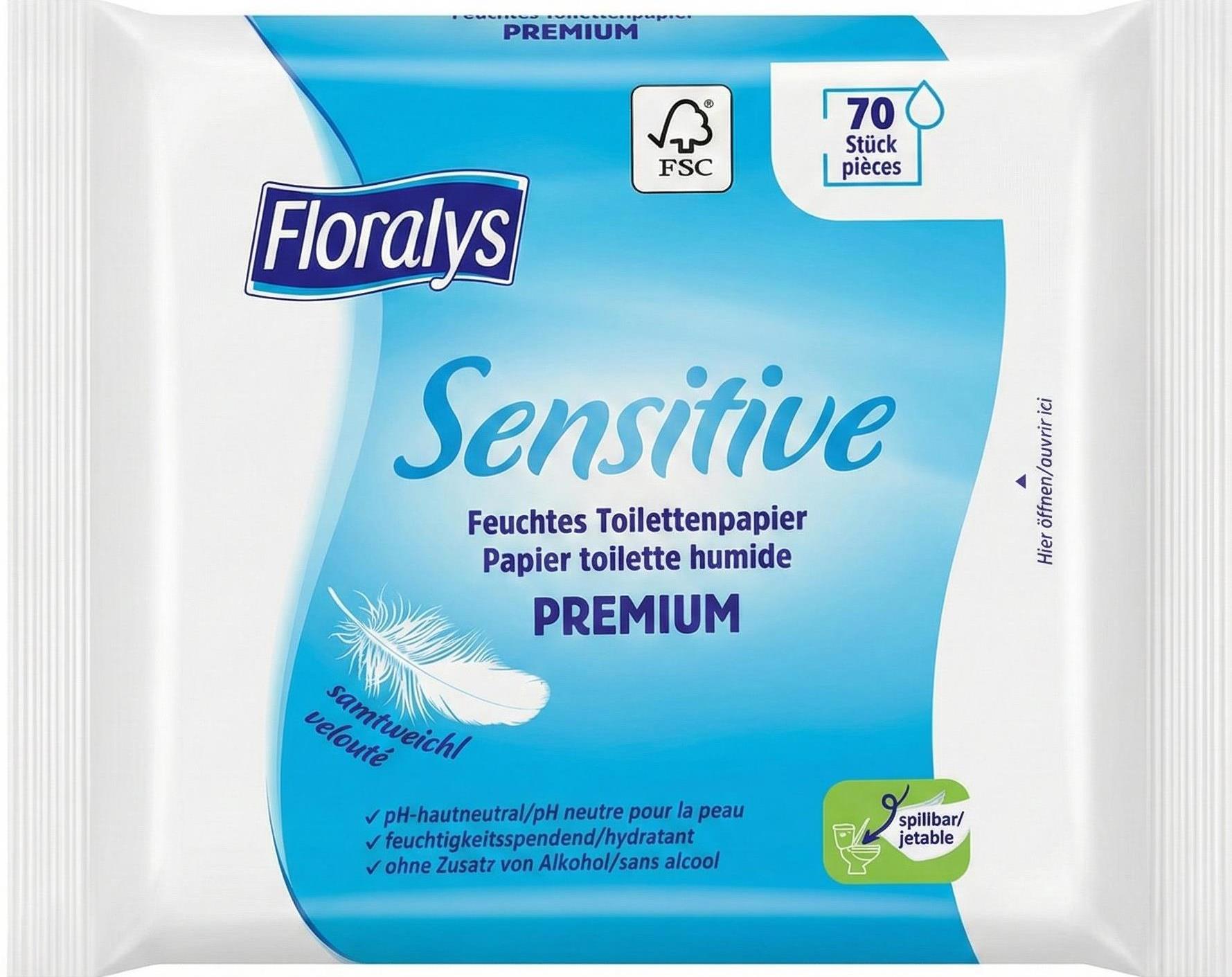 Floralys Premium Sensitive Moist Toilet Paper, 70 pcs