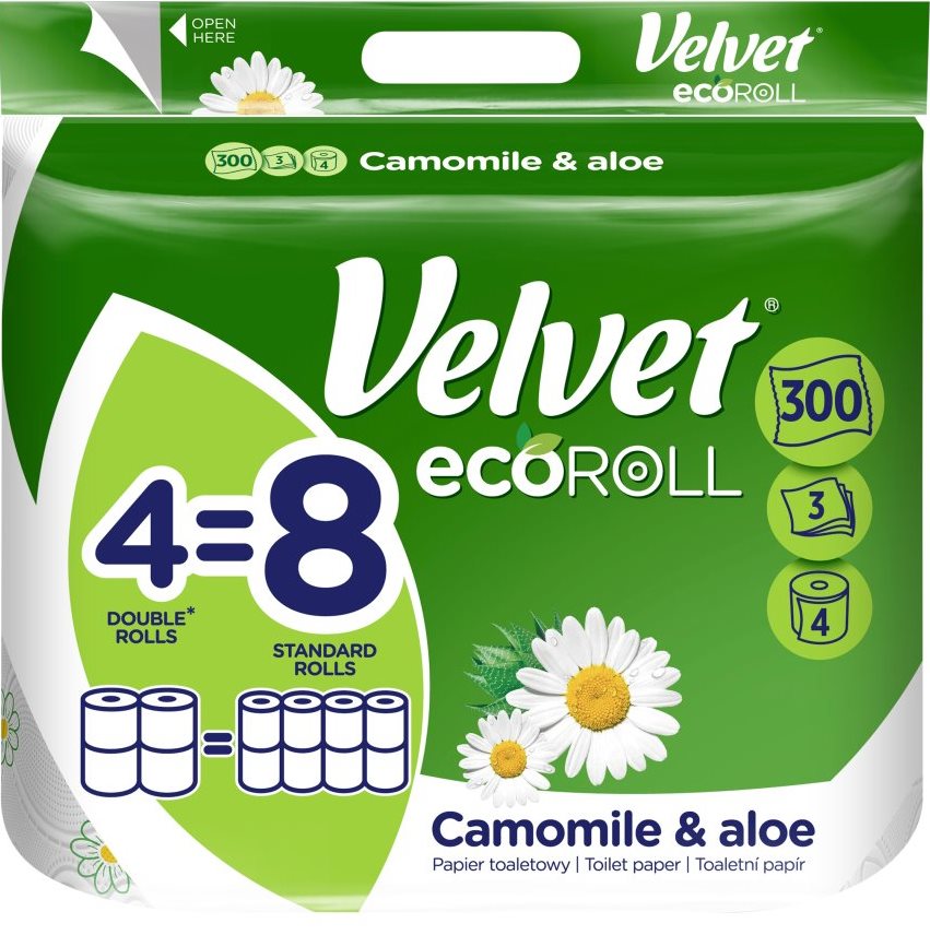 Velvet Eco Roll Camomile & Aloe 3-Ply Toilet Paper, 4 Rolls, 300 Sheets per Roll