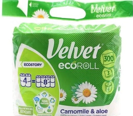 Velvet Eco Roll Camomile & Aloe 3-Ply Toilet Paper, 4 Rolls, 300 Sheets per Roll - Image 2