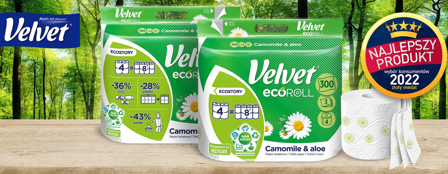 Velvet Eco Roll Camomile & Aloe 3-Ply Toilet Paper, 4 Rolls, 300 Sheets per Roll - Image 3