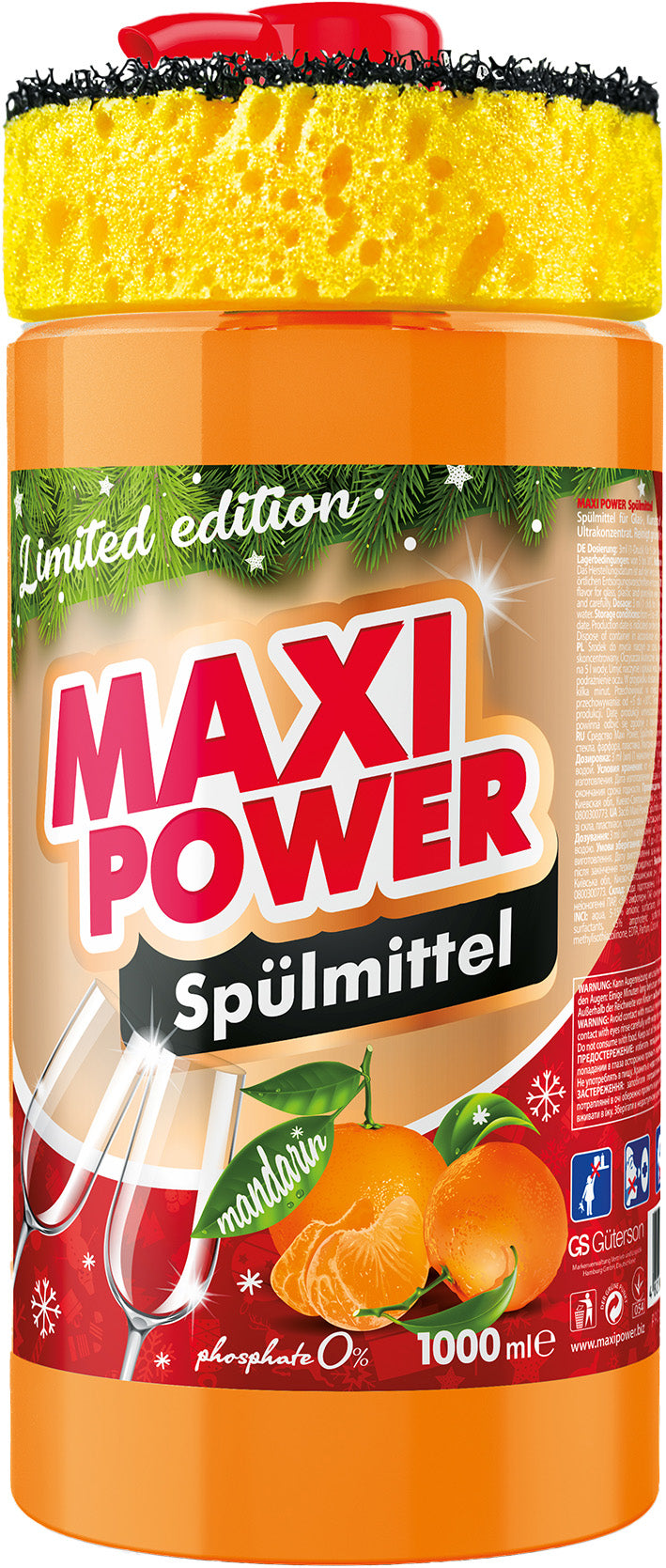 Maxi Power Mandarin Dishwashing Liquid with Sponge, 1000 mL
