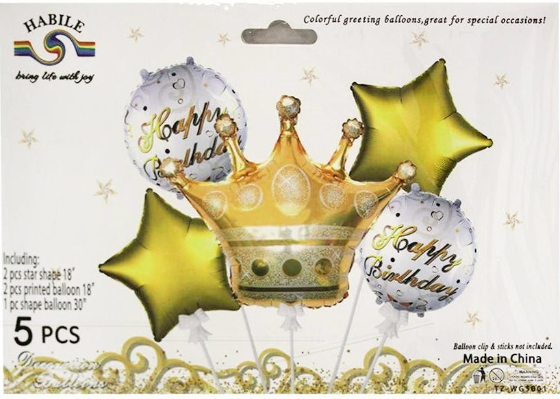 TZ-WG5001 Happy Birthday Golden Crown Foil Balloon Set, 5 pcs