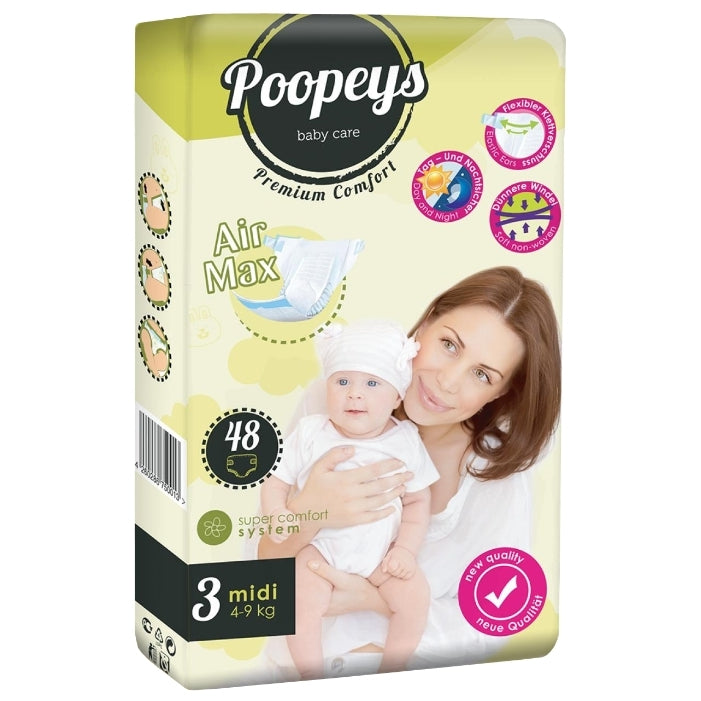 Poopeys Baby Care Premium Comfort (3) Midi Baby Diapers, 48 pcs, 4-9 kg