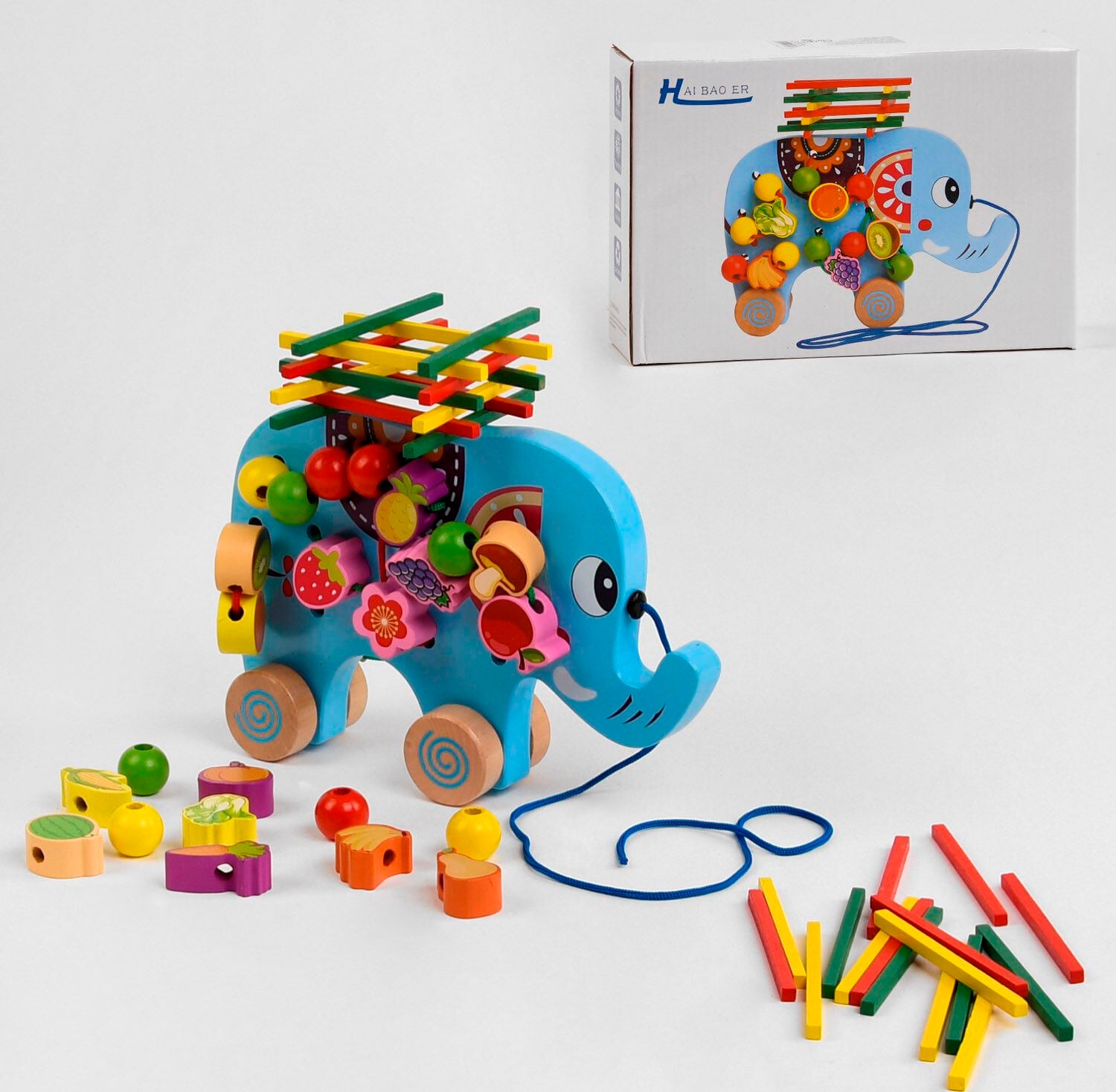 C49956 Elephant Wooden Push-Along Toy with Blocks