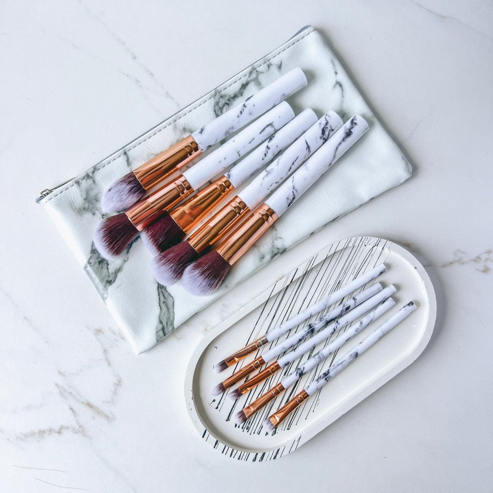 White Marble Makeup Brush Set in Cosmetic Bag, 10 pcs - Image 3