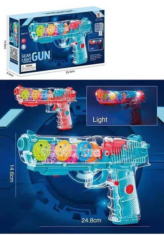 YJ-Q001 Battery-Powered Transparent Toy Pistol with Sound, Light & Gears