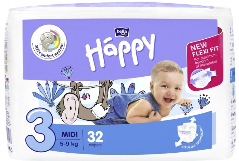 Happy Bella Baby Midi 3 (5-) Baby Diapers, 32 pcs, 9 kg