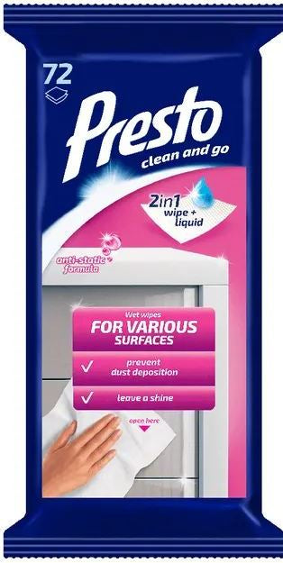 Presto Antistatic Multi-Surface Cleaning Wet Wipes, 72 pcs