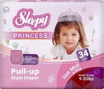 Sleepy Princess Size 3 Baby Pull-Up Diaper Pants, 4-9 kg, 34 pcs