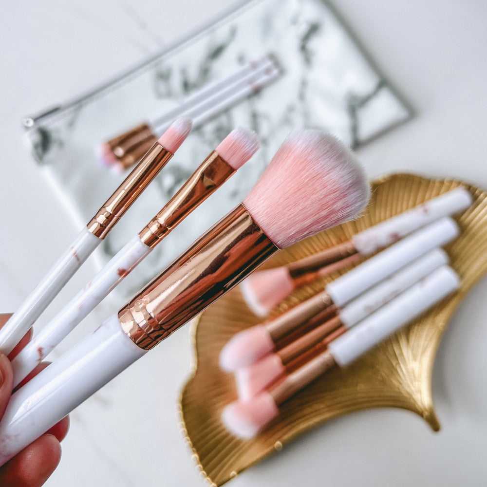Pink Marble Makeup Brush Set in Cosmetic Bag, 10 pcs - Image 3