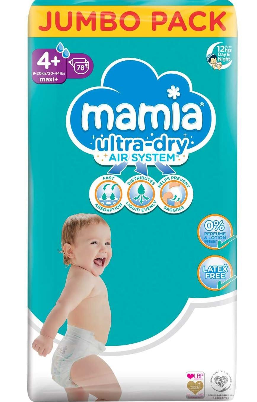 Mamia Size 4+ Baby Diapers, 9-20 kg, 78 pcs