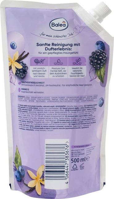 Balea Berries & Vanilla Liquid Cream Soap Refill Pouch, 500 mL - Image 2