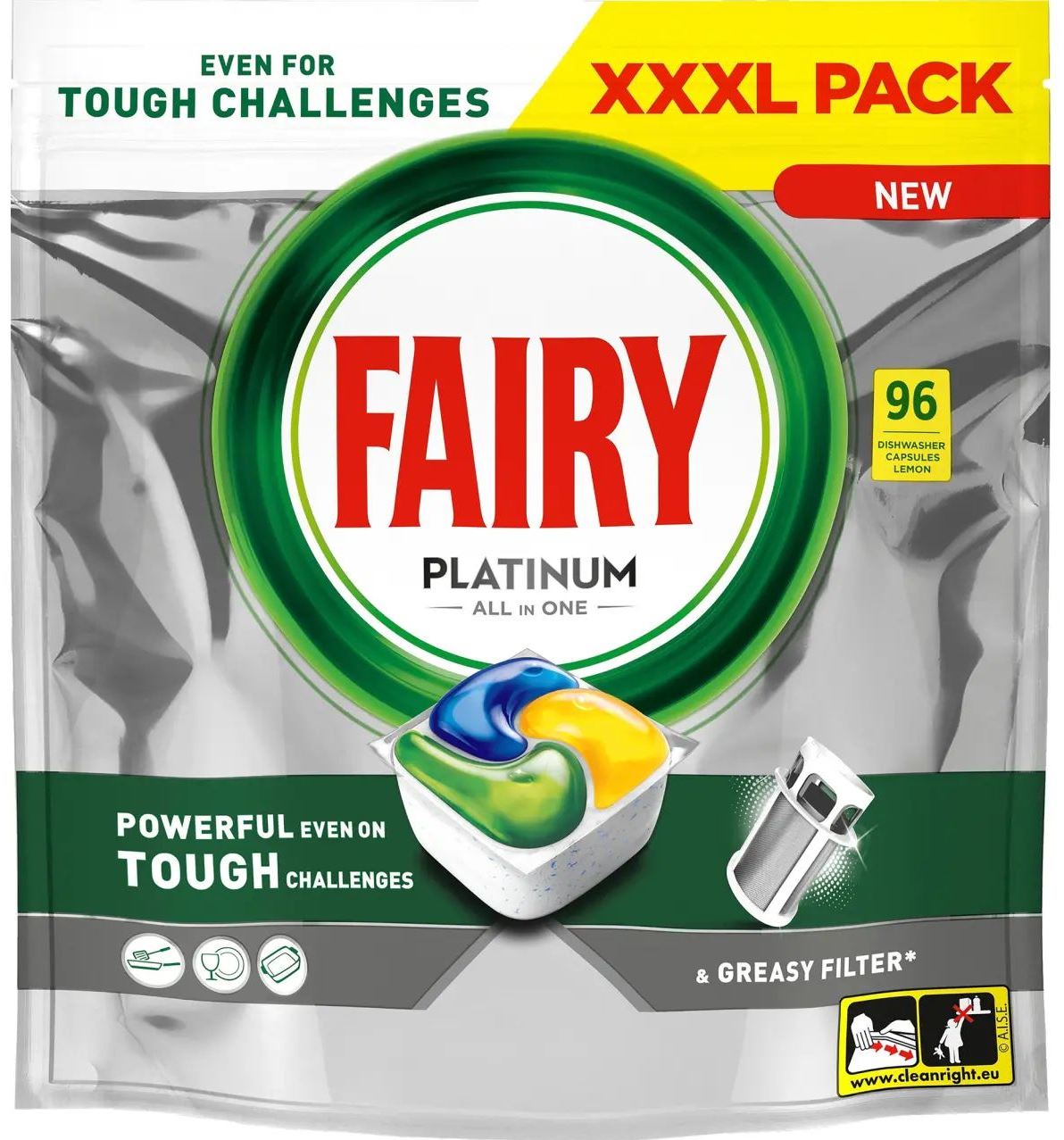 Fairy Platinum Lemon All-in-One Dishwasher Tablets, 96 pcs (Price per 1 pc)
