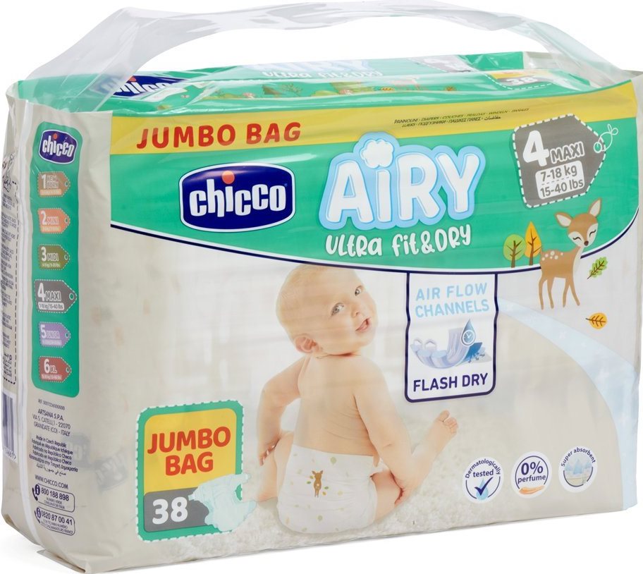 Chicco Airy Ultra Fit & Dry Size 4 Baby Diapers, 7-18 kg, 38 pcs