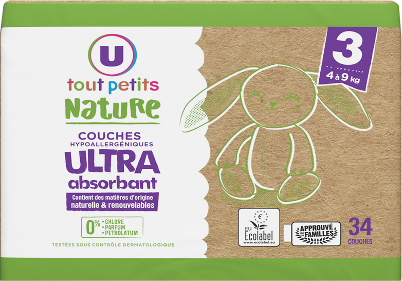 U Tout Petits Nature 3 Baby Diapers, 4-9 kg, 34 pcs