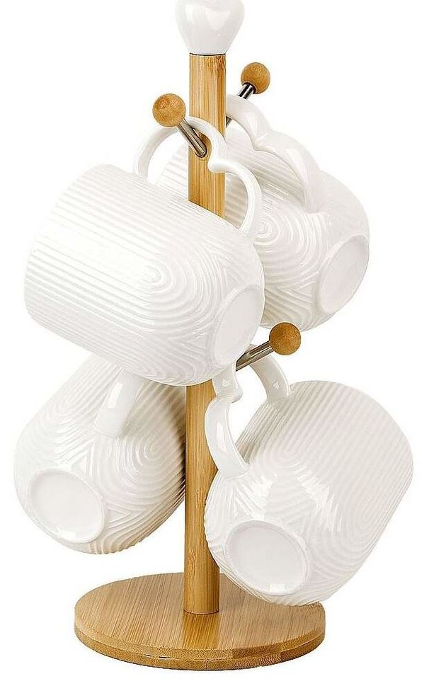 Interos PJ03443 Stripes Cup Set on Wooden Rack, 4 x 340 mL
