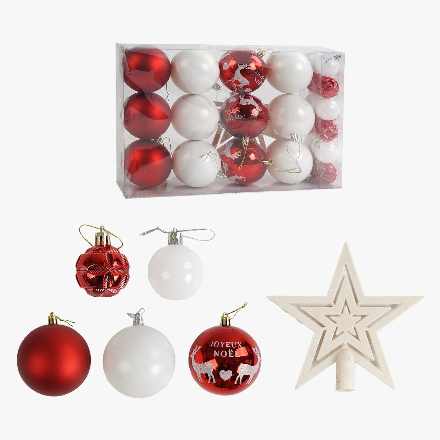 C 67495 Christmas Ball Ornament Set with Star Tree Topper, 4-8 cm Diameter, 24 pcs