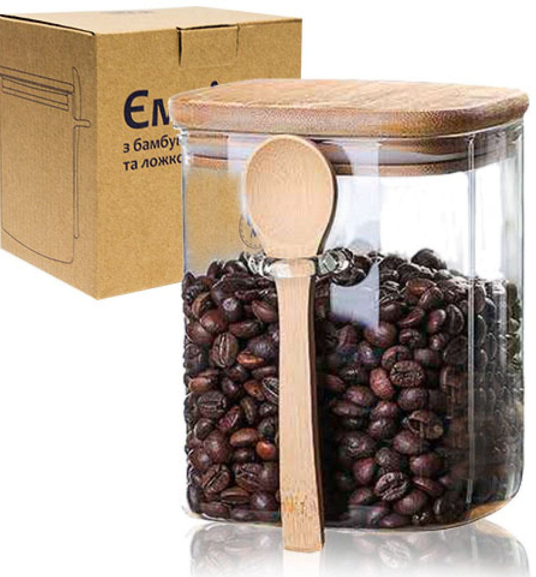 S&T 32243 Glass Storage Jar with Bamboo Lid & Spoon, 600 mL