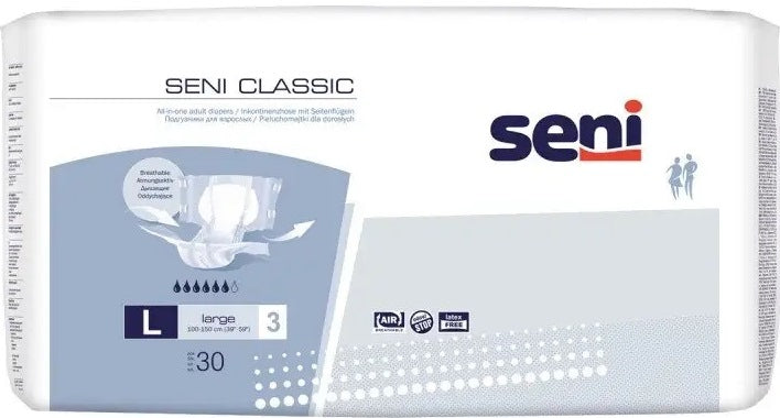 Seni Classic Large Adult Diapers, Waist 100-150 cm, 30 pcs