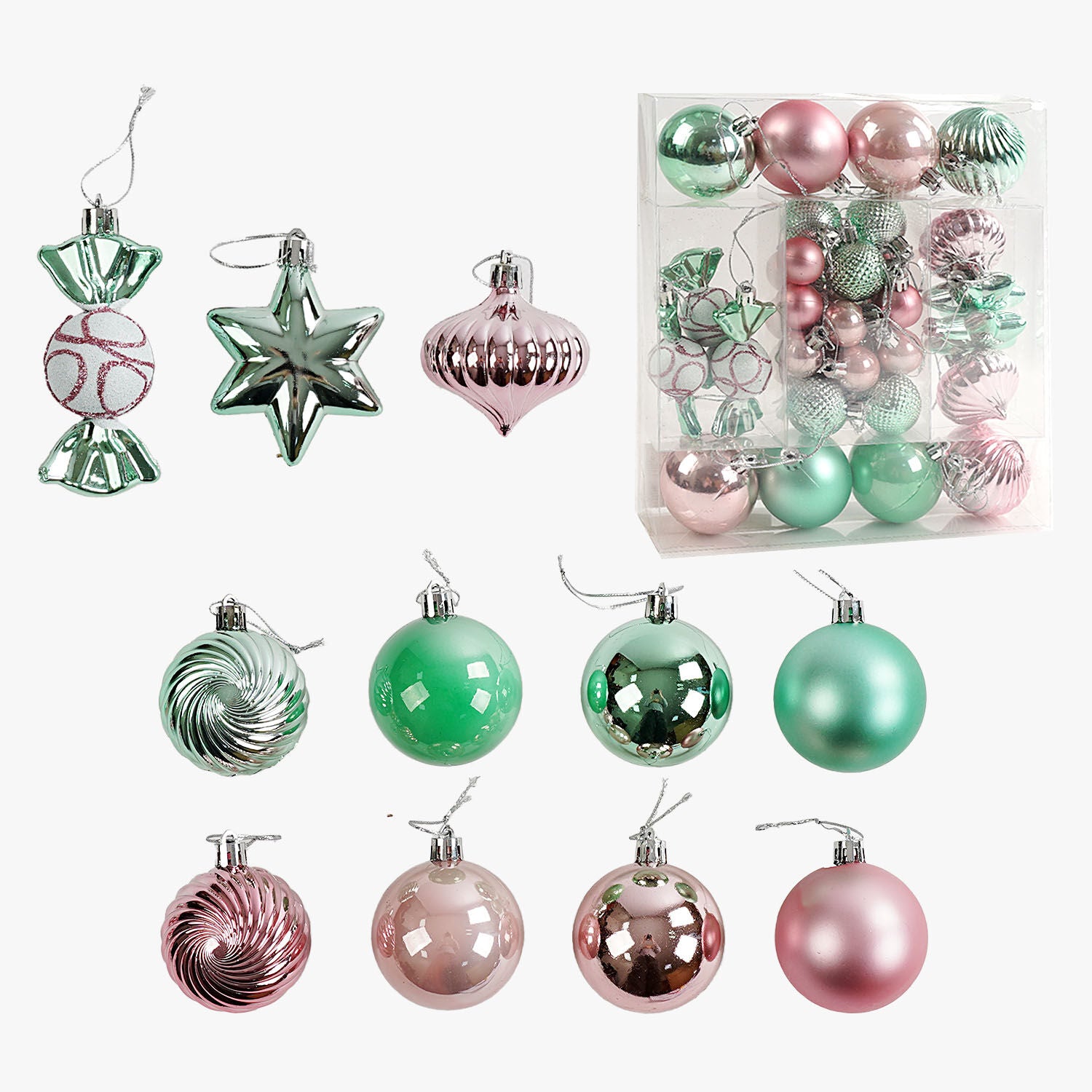 C 67536 Ball, Candy, Star & Icicle Christmas Ornament Set, 36 pcs