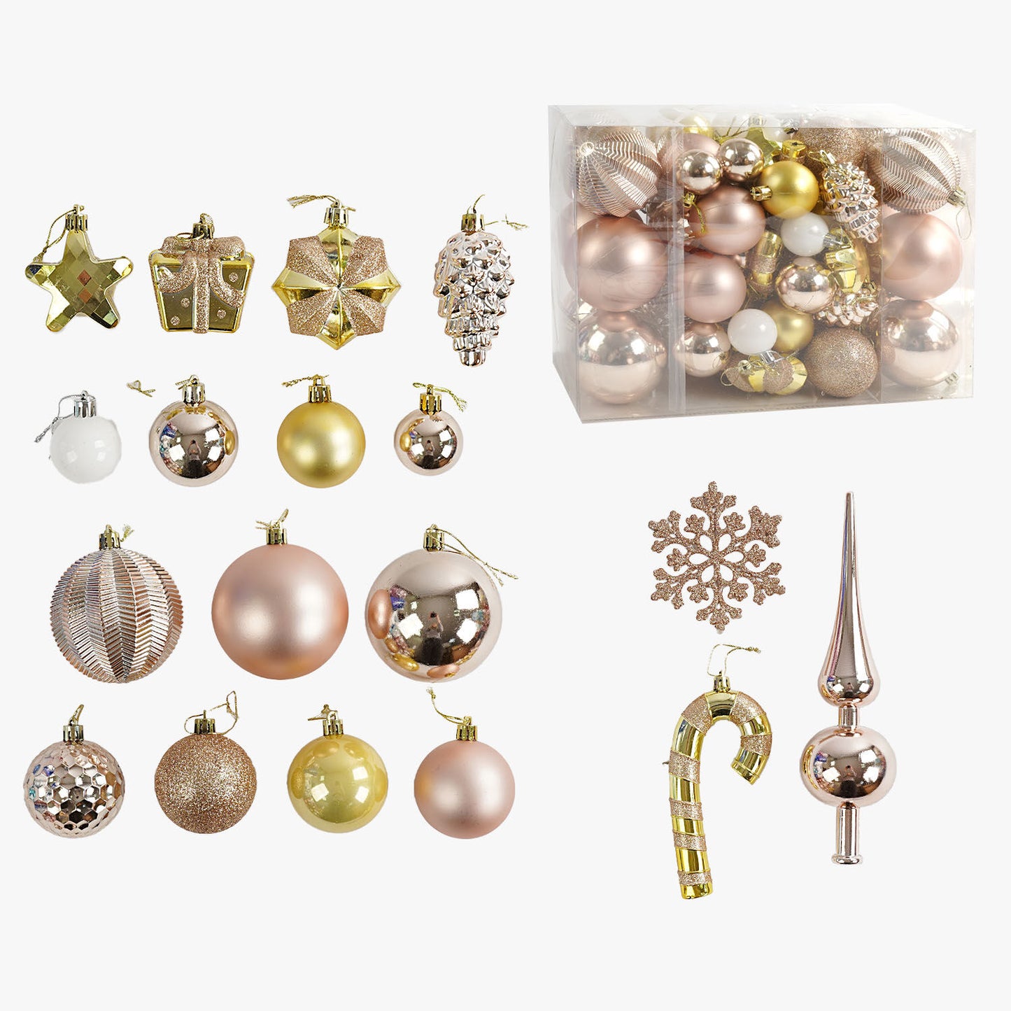 C 67532 Ball, Star, Pine Cone & Snowflake Christmas Ornament Set, 65 pcs