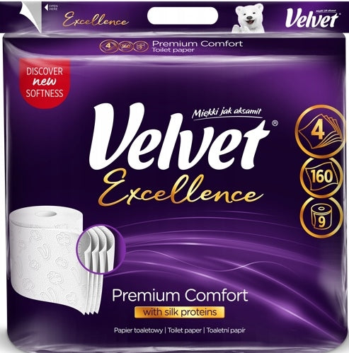Velvet Excellence Premium Comfort 4-Ply Toilet Paper, 9 Rolls